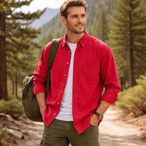 AKA Eddie Bauer Mens Shirt XXL Red Chambray Vintage 90's Long Sleeve Utility